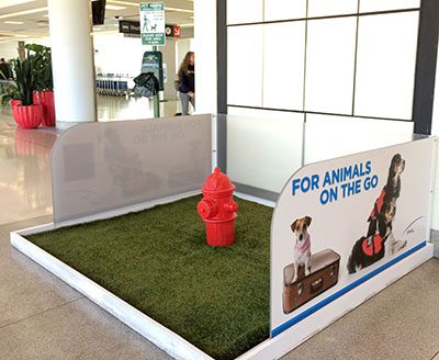 Dog restroom fake grass with fire hydrant in airport